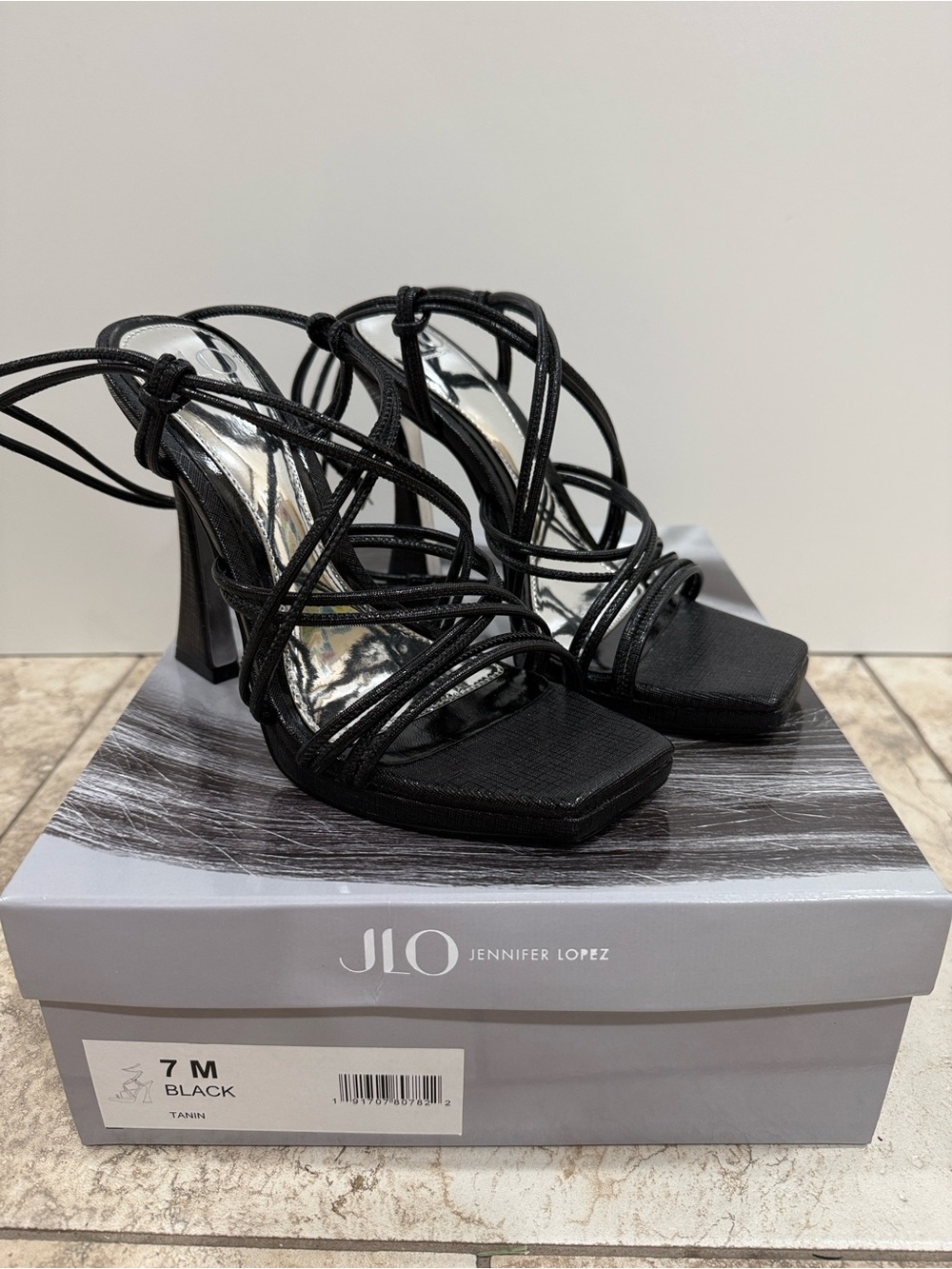 Jennifer Lopez Black Strappy Ankle-Tie Stiletto Sandals - Picture 2 of 7